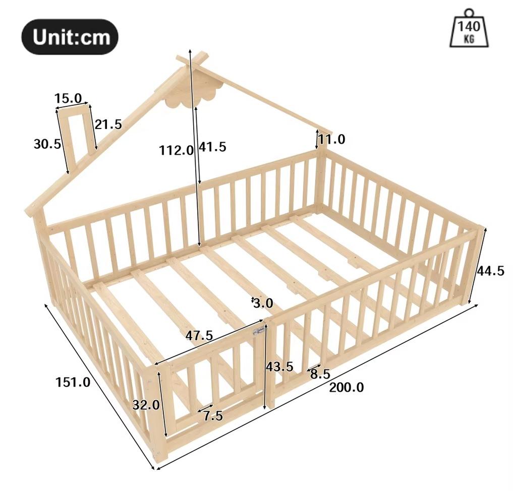 Kinderbett im Hausdesign - 90 x 190 cm Matratze - 140 x 190 cm Gesamtmaß - Massives Kiefernholz - Abschließbares Bettgitter - Natur