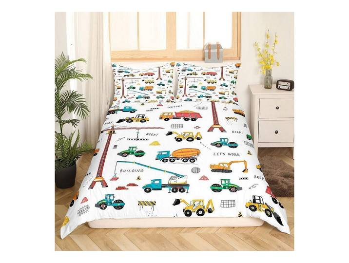 LuxusKollektion Kinderbettwäsche Bettwäsche Set LKW Kran 200x200cm Bunt
