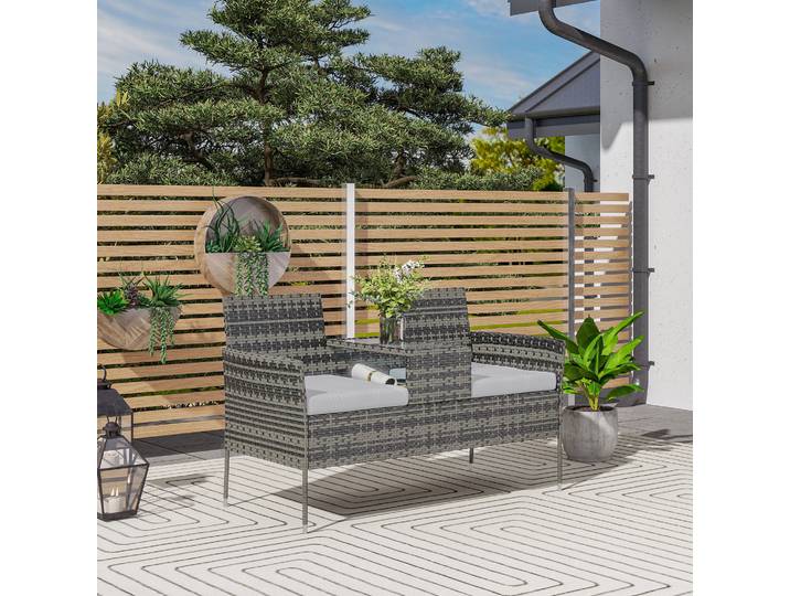 Outsunny Banc Extérieur 2 Places Rotin PE Acier Gris