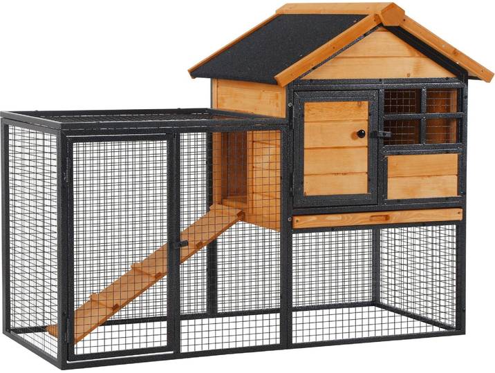PawHut Clapier cage à lapins cottage - niche supérieure avec rampe et enclos extérieur - plateau excrément\, fenêtre\, 2 portes verrouillables - métal époxy sapin pré-huilé