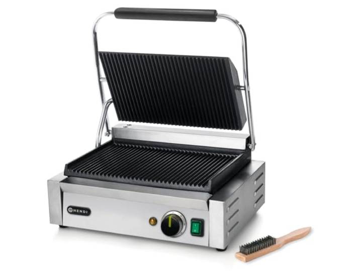 HENDI Gril de Contact Électrique\, Plaque Panini Professionnel\, Plaques Rainurées en Fonte Émaillée\, 230V\, 2200W\, 430x375x(H)216mm\, Acier Inox