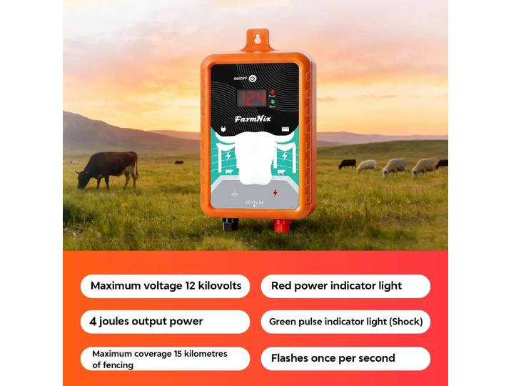 Électrificateur de clôture électrique 15 miles/24 km 4 Joules avec écran LCD, contrôleur 12V pour bétail, vaches, chevaux