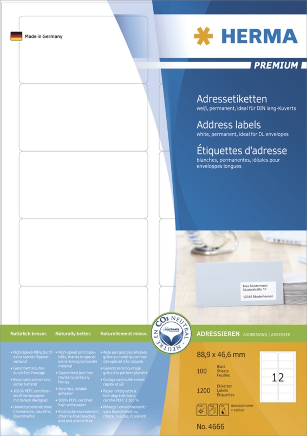 Herma 4666 Adressetiketten 8.89x4.66 cm (100 Blatt (1200 Etiketten))