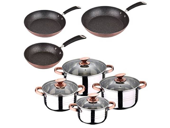 San Ignacio MOMA 8-teilig Set 3 SIP Pfannen Kochgeschirr, Glas, Chrom, Bateria + 3 sartenes