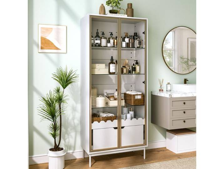 ULEVR Vitrine haute blanche et dorée avec portes vitrées étagères réglables et tiroir 75 x 35 x 170 8 cm