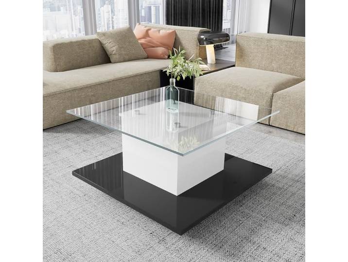 Table Basse Table Mobile De Sallon En Verre Brillant Avec LED Table Basse Mobile Avec Roues Pivotantes Blanc + Noir