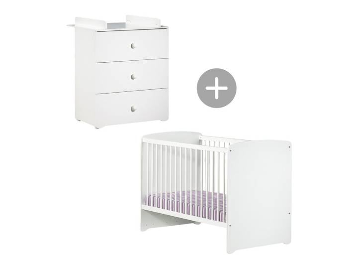 Pack duo bébé avec lit 120x60cm et commode à langer - BASIC - Blanc - BABYPRICE