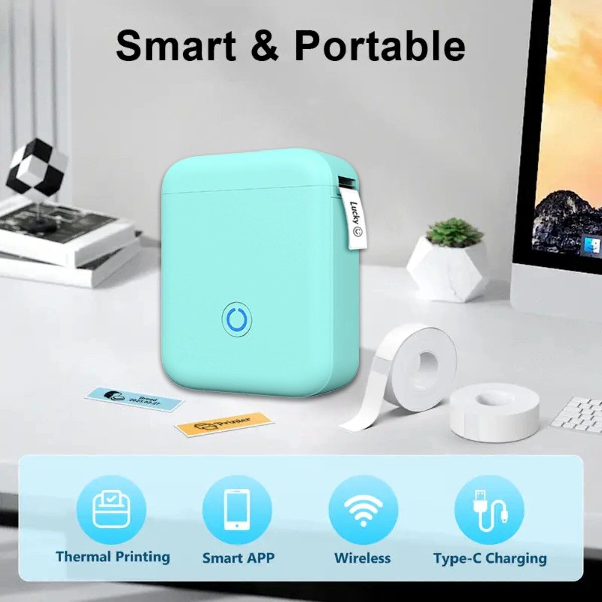 INF Kompakter Bluetooth-Etikettendrucker mit USB Type-C, 203 dpi und Toprint-App-Unterstützung Blau