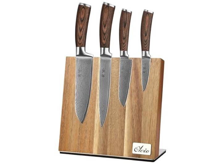 Wakoli EDIB 4-teiliges Damast Küchenmesser Set & magnetischer Messerblock Damastmesser Set aus 67 Lagen Damaststahl mit VG10-Kern, Pakkaholzgriffe, Messerblock aus Akazienholz mit Edelstahlsockel