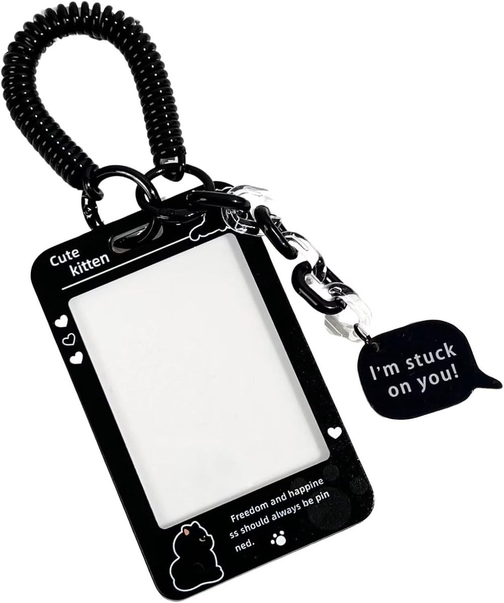 Kawaii Acryl Fotokaarthouder met Spiraal Polskoord Sleutelhanger voor ID, Bus en Bankkaarten