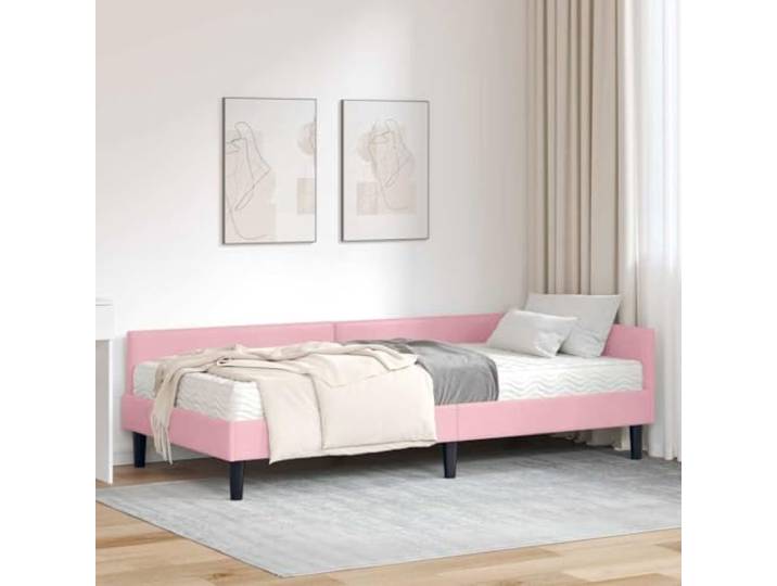 RJPLMFV Eckbett, Velours, Grau, mit Matratze, 2 Stück Verstellbarer Kopf, Lattenrahmen, Sperrholz, Polyester, Komfort, mittlere Härte