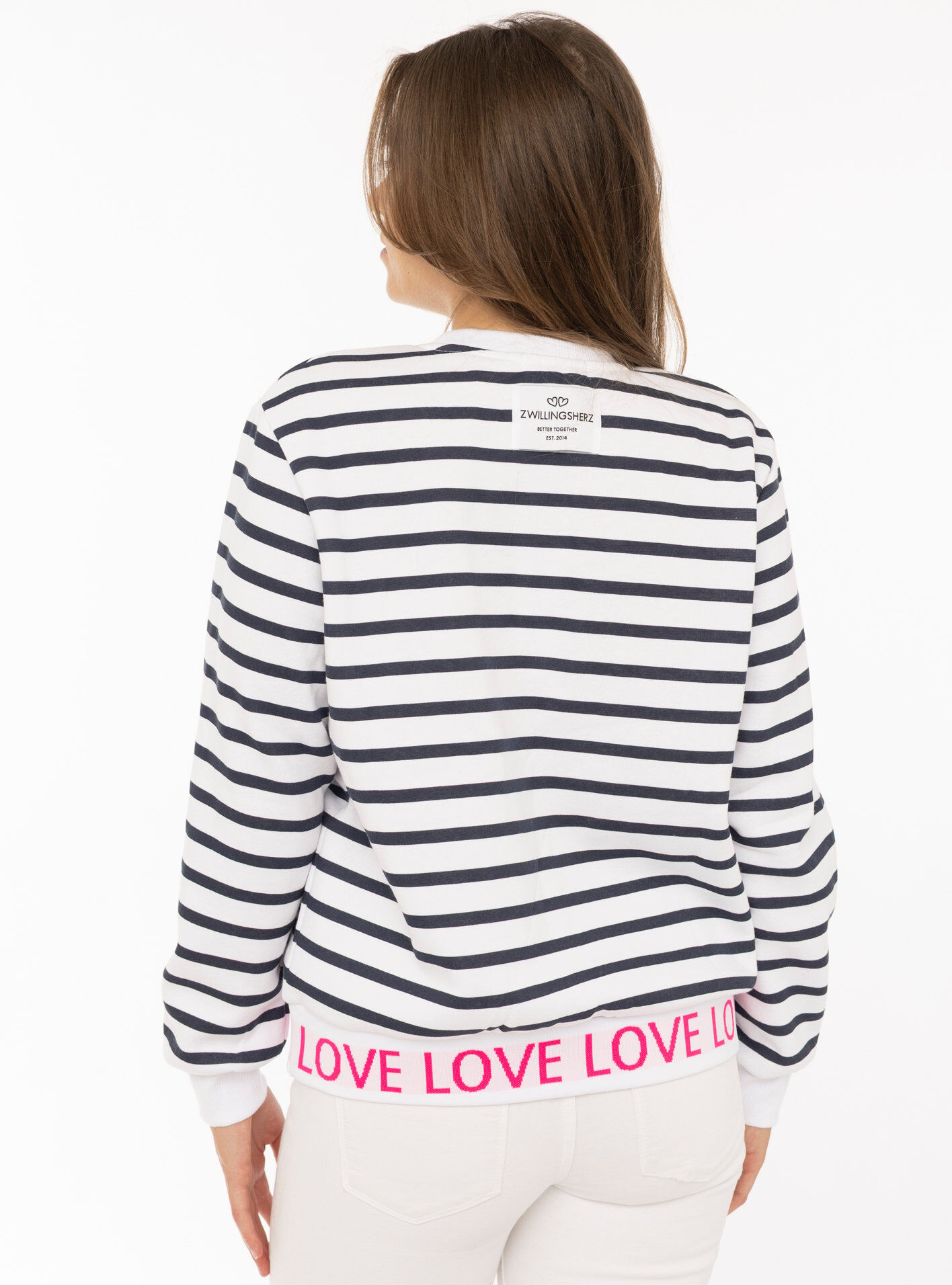 Sweatshirt ZWILLINGSHERZ "Love Love Love", Damen, Gr. XL, schwarz-weiss (marine), Obermaterial: 50% Baumwolle, 50% Polyester, Sweatshirts Sweatshirt, gestreift, Rundhals, elastische Bündchen mit Love-Schriftzug marine XL