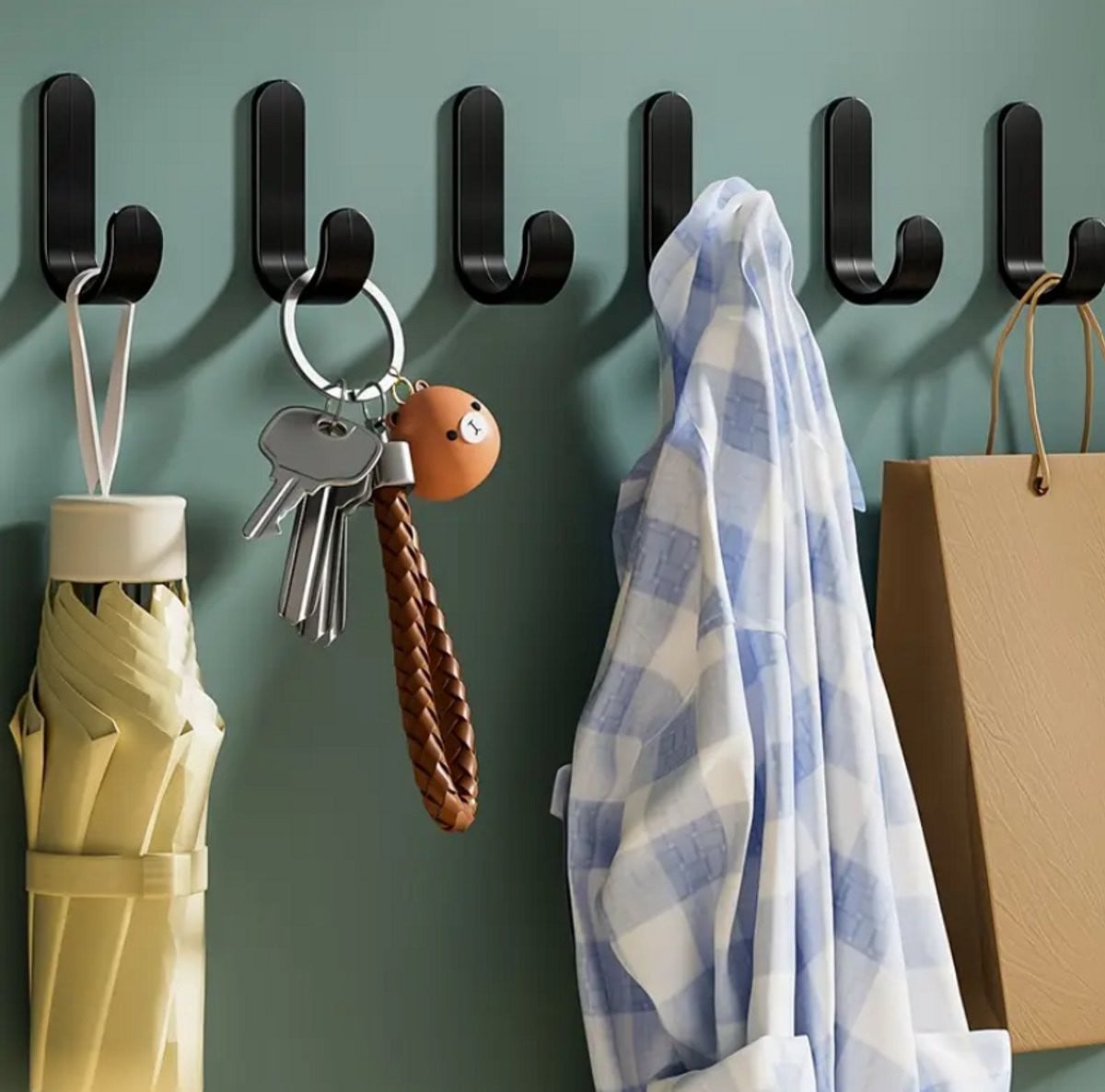 Set van 6 Zelfklevende Muurhaken - Zwart - Multifunctionele Wandhaken voor Keuken en Badkamer