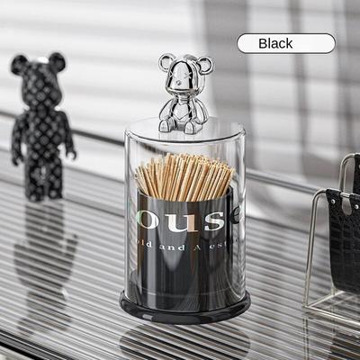 Inspire Daily Merch Bear Acrylic Toothpick Box, High Appearance Level Toothtip Holder, Cotton Swab Floss Storage Organizer black
