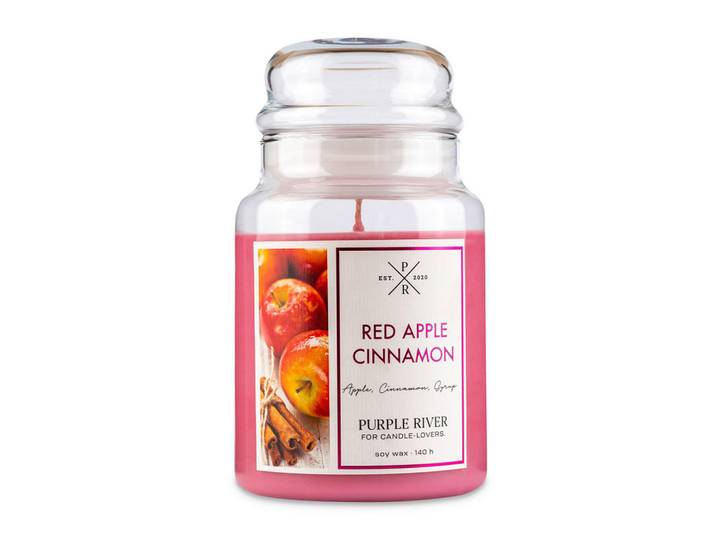 Duftkerze Transparent Red Apple Cinnamon 140 h, Rot, Naturmaterialien, Glas, Textil, 18 cm, Dekoration, Kerzen & Kerzenhalter, Duftkerzen