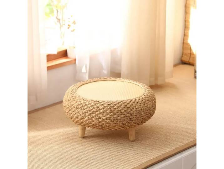 Table basse ronde en rotin artisanale, table à thé japonaise pour salon, baie vitrée, balcon ou petits espaces, finition naturelle