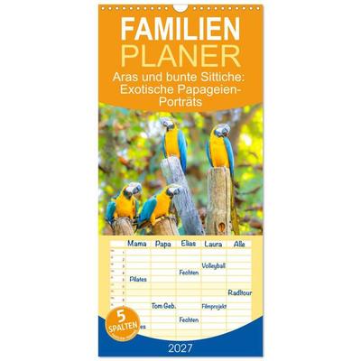 Familienplaner 2027 - Aras und bunte Sittiche: Exotische Papageien-Porträts mit 5 Spalten (Wandkalender, 21 x 45 cm) CALVENDO