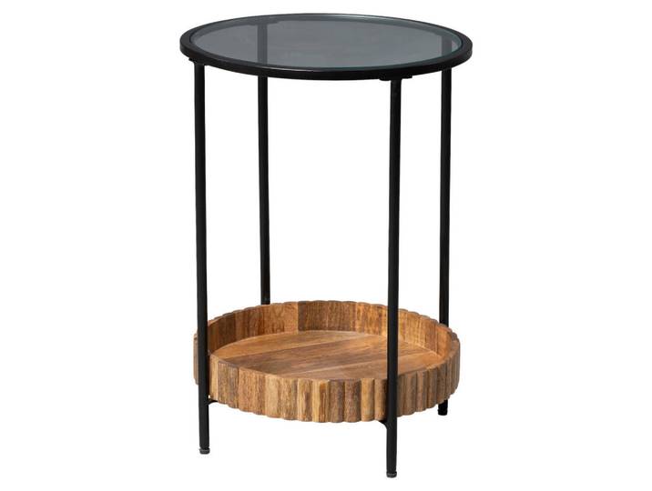 Landscape Beistelltisch, Braun, Holz, Glas, Mangoholz, rund, Rundrohr, 44x62x44 cm, einfacher Aufbau, Wohnzimmer, Wohnzimmertische, Beistelltische, Beistelltisch Glas