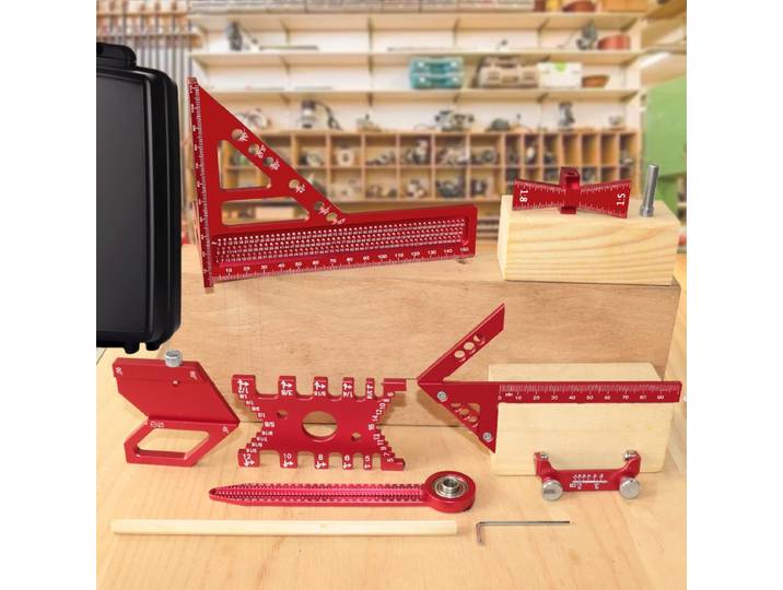 Kit de 8 outils de menuiserie avec boîte, règle de traçage en aluminium, traçoir de centrage, compas de traçage circulaire, guide de ponçage et plus encore