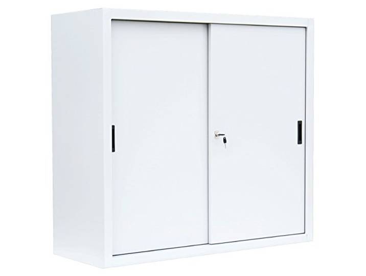 Schiebetürenschrank weiß 109x120x45cm Büro Aktenschrank komplett montiert, Schwebetürenschrank, Sideboard Stahl,550147