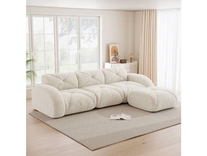 HOMVRA Canapé d'angle modulable 3 places avec pouf chenille beige clair sans montage