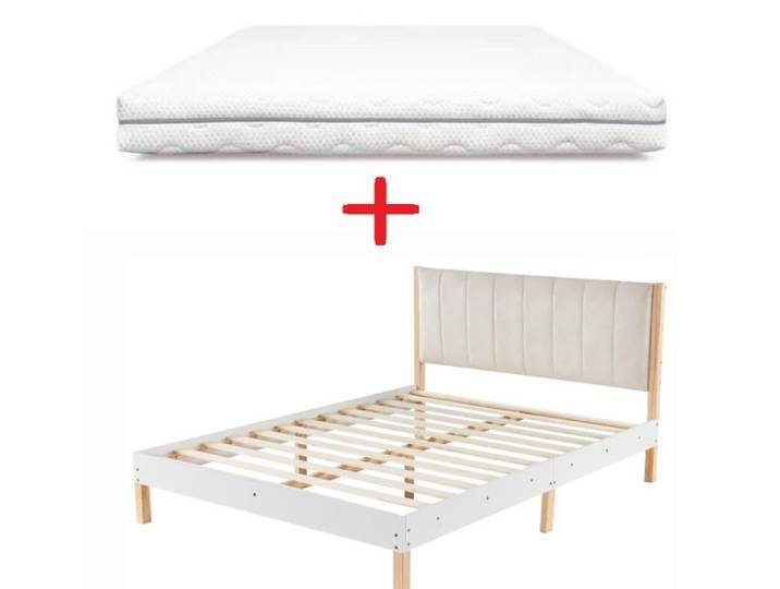 Matelas + Lit double - Ensemble 140x190 - Sommier à lattes - Tête de lit incluse - Blanc
