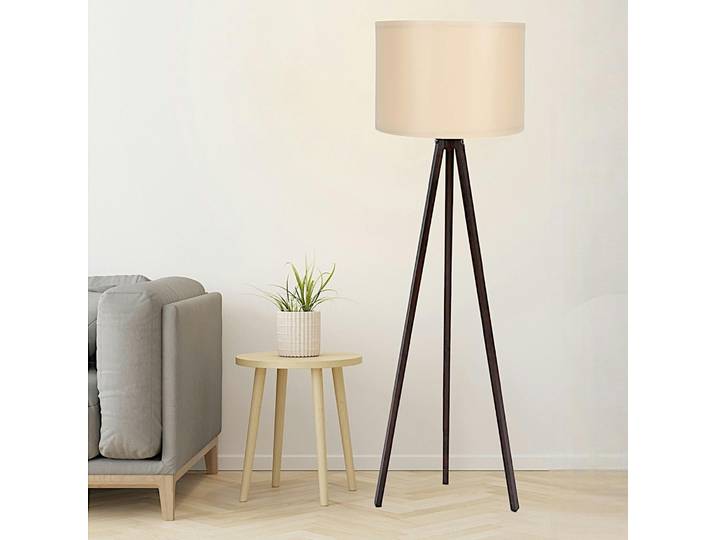 Lampadaire de salon trépied minimaliste KILIS - Beige et effet noyer