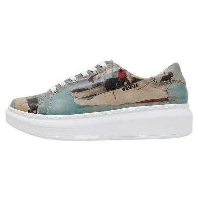 Plateausneaker DOGO "Myra Low-Top Sneaker Smell The Flowers Damen Sneaker, Myra", Damen, Gr. 39, ungefüttert, Normalschaft, blau (beige, blau), Lederimitat, Schuhe Plateausneaker, Handgefertigt