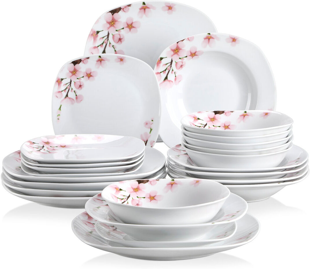 Vancasso 24 Pieces Porcelain Dinnerware Set, Squircle Plate, , Cherry Blossom Set, Ceramic Decal, Dinner Plate, Dessert Plate, Soup Plate And Bowl For 6 Person White 24