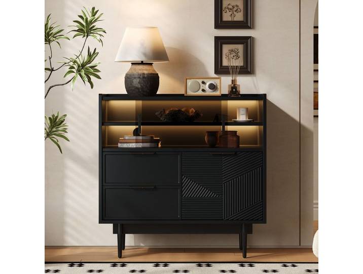Vitrine LED 80 cm meuble de rangement avec porte vitrée buffet bas moderne avec éclairage meuble salon entrée