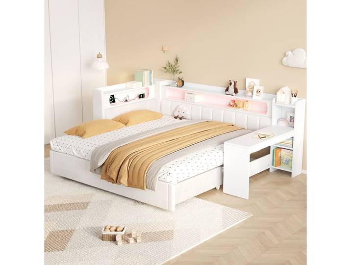 ROVRYN Lit combiné 90x200 extensible 180x200 avec lit gigogne bureau intégré LED USB étagères blanc