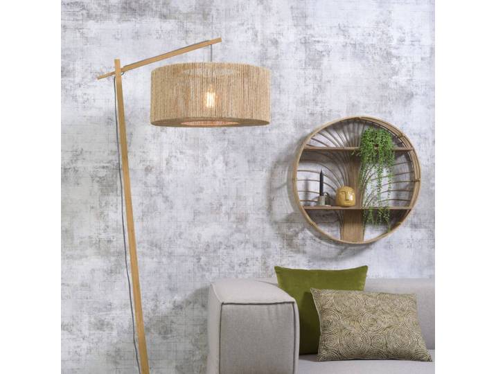 Good & Mojo GOOD MOJO Iguazu Bogenlampe natur Zylinder Ø50cm, creme / amber, für Wohn- / Esszimmer, Textil / Stoff / Seide, Stehlampe