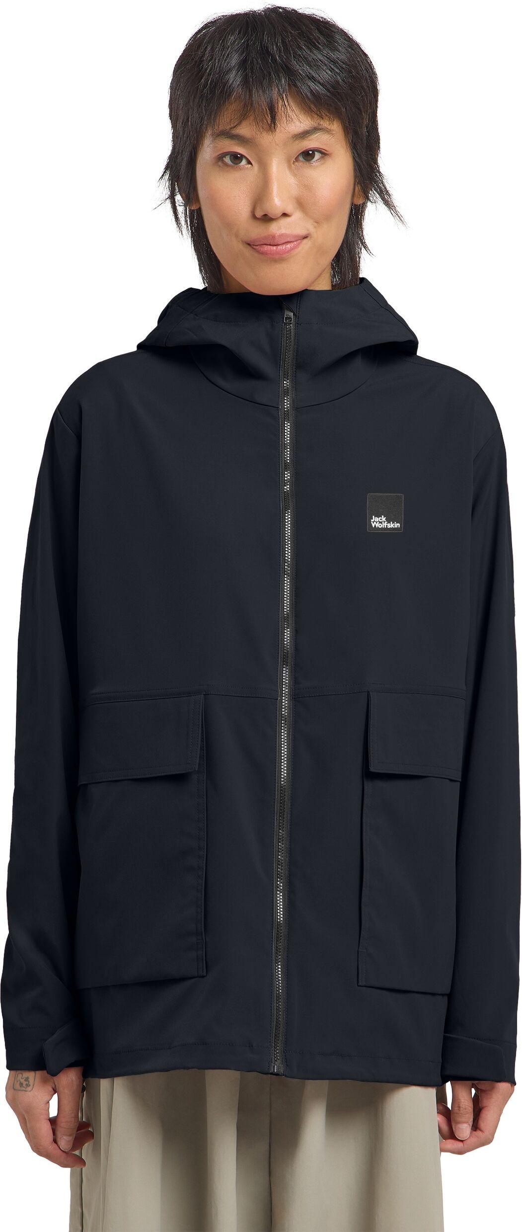 Funktionsjacke JACK WOLFSKIN "TERRACADE JKT W", Damen, Gr. XS, blau (schwarz, navy), Obermaterial: 100% Polyester, Jacken Funktionsjacke, mit Kapuze, atmungsaktiv, wasserabweisend, winddicht schwarz, navy XS