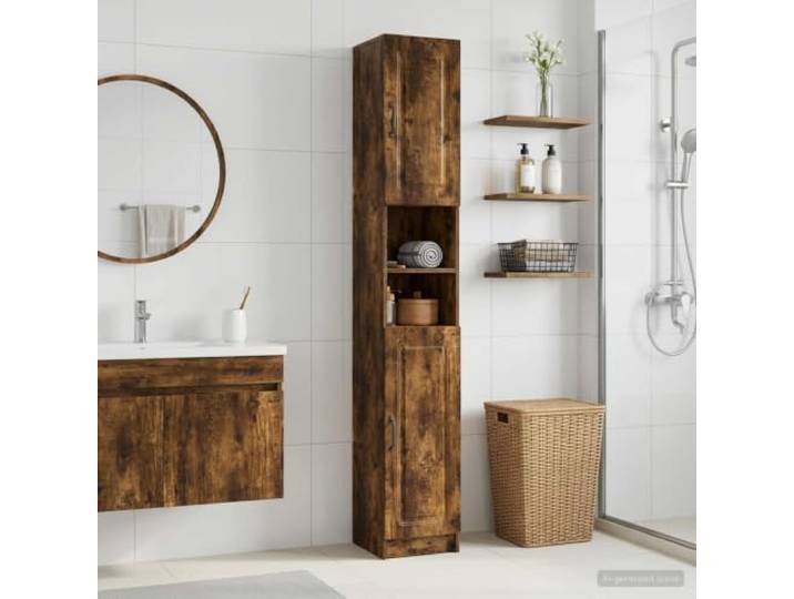 Badezimmerschrank mit offenem Regal UTRECHT Raucheiche, umkehrbare Tür Holzwerkstoff, feuchtigkeitsbeständig, mehrere Regale, platzsparend, offene Ablage, schlankes Profil