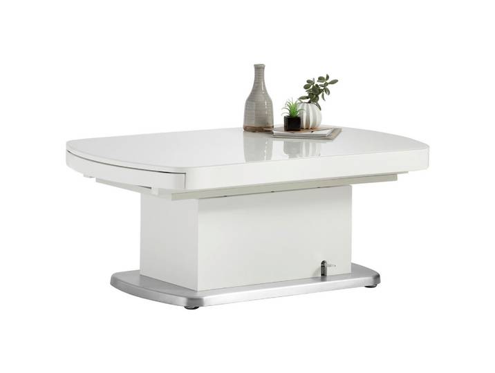 Venda Couchtisch, Weiß, Metall, Glas, rechteckig, Säule, Bodenplatte, 75x50-78x120-180 cm, ausziehbar, höhenverstellbar, Wohnzimmer, Wohnzimmertische, Couchtische, Couchtische Glas