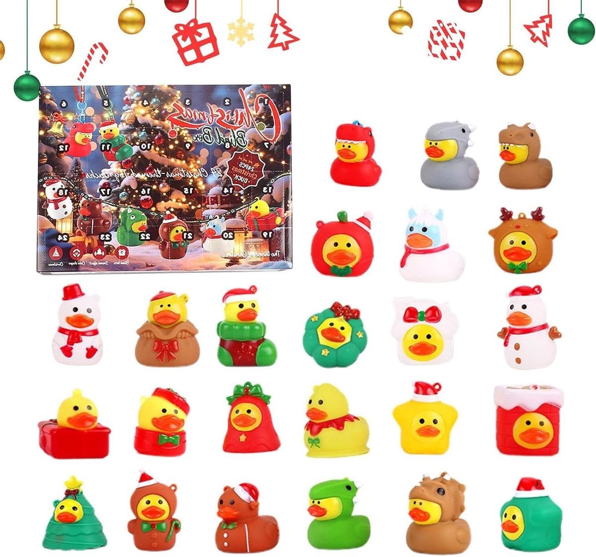 Kerst Adventskalender met 24 unieke badeendjes - Multi - B/D/H: 31 x 5 x 22,5 cm
