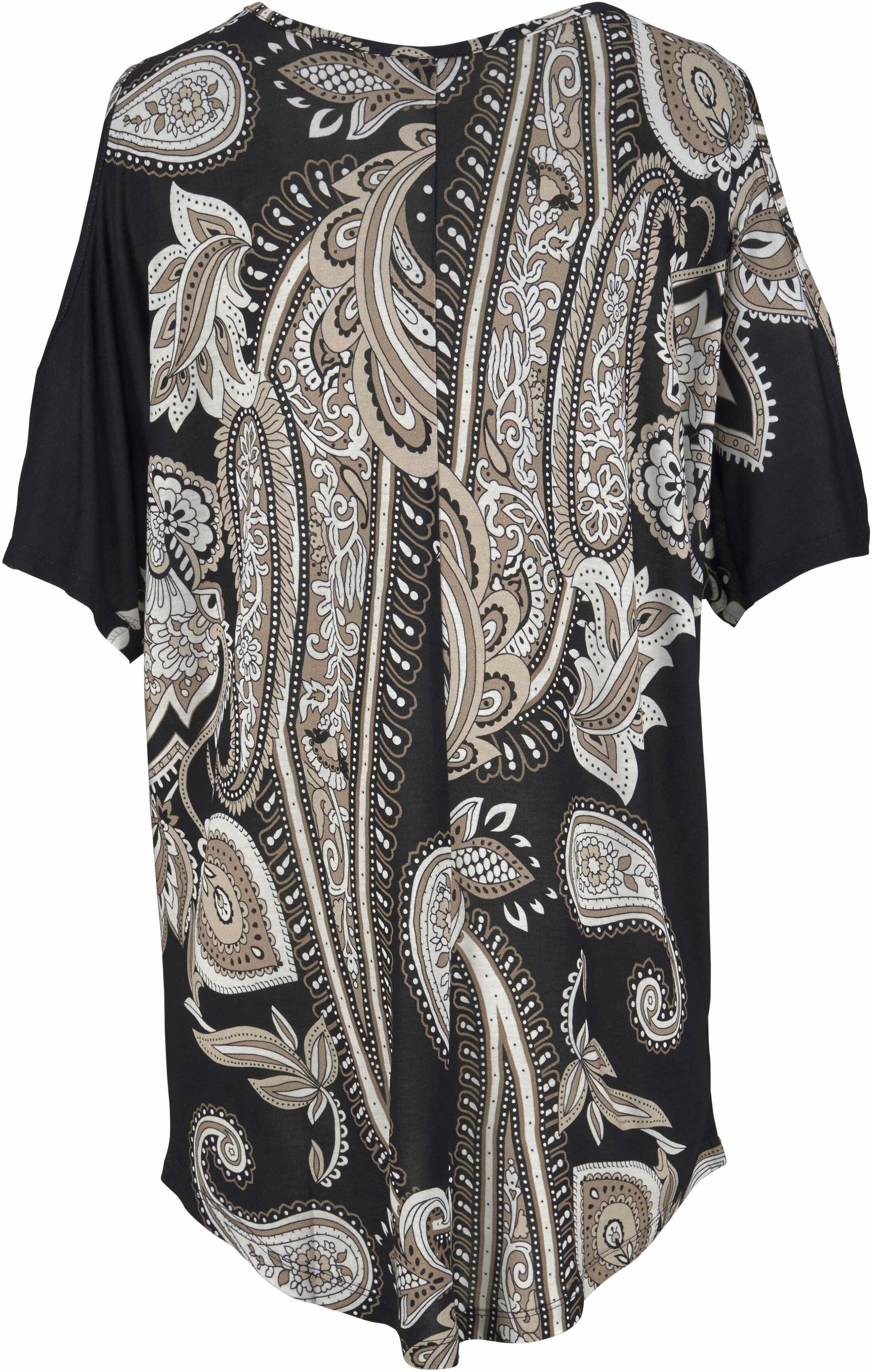 Longshirt LASCANA, Damen, Gr. 40/42, bunt (bedruckt), Jersey, Obermaterial: 100% Viskose, figurumspielend hüftbedeckend, Rundhals, Shirts Longshirt, mit Cut-outs an den Schultern, Alloverprint, Shirtkleid, schulterfrei