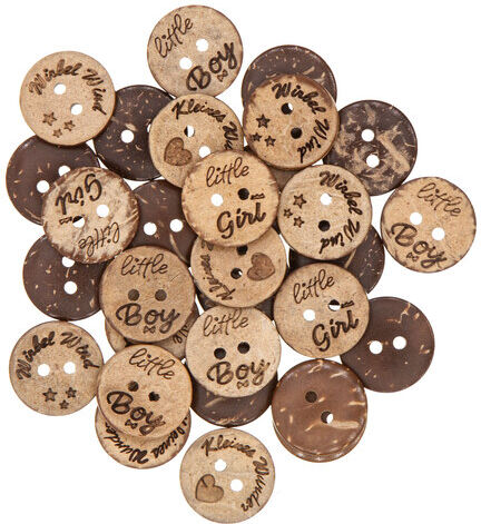 buttinette Kokosnuss-Knöpfe "Schriftzüge", Größe: 18 mm, 30 Stück