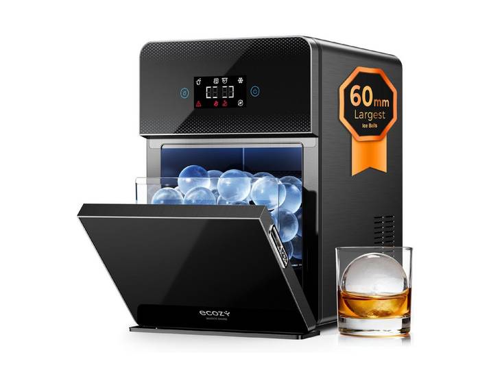 eCozy Eiswürfelmaschine für kristallklare Eiskugeln Ø 60 mm, extragroß, 3 Eiskugeln in 45 Min, Selbstreinigung, Duale Wasserzufuhr, LED-Display, 96 Eiskugeln/Tag