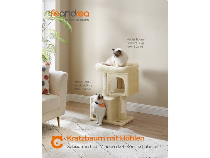 Feandrea Kratzbaum, 74 cm Katzenbaum, M, Katzenhaus für mittelgroße Katzen bis zu 5 kg, große Plattform, 2 Katzenhöhlen, Sisalstämme, beige PCT612M01