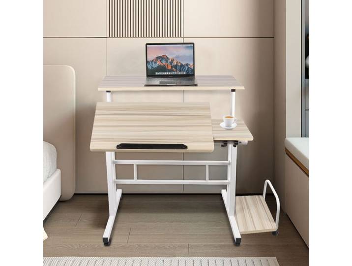 YIYI. Bureau d'ordinateur réglable à roulettes avec support pour ordinateur central couleur érable blanc 100*60*67-117cm.