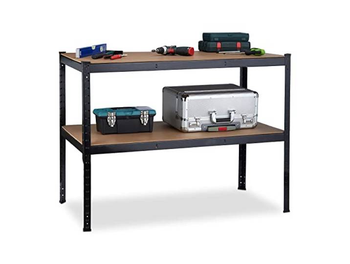 Relaxdays Werkbank, 2 Ebenen, höhenverstellbar, Werktisch, zum Stecken, Werkstatt, Stahl, MDF, HBT 90x120x60 cm, schwarz
