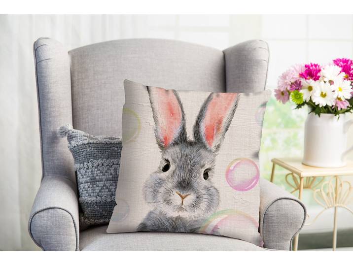 Dekokissen QUEENCE Bambino , bunt (bunt, grau, bedruckt), B:40cm L:40cm, Polyester, Dekokissen_Sitzkissen_Kissenhüllen, Dekokissen, süßer Hase