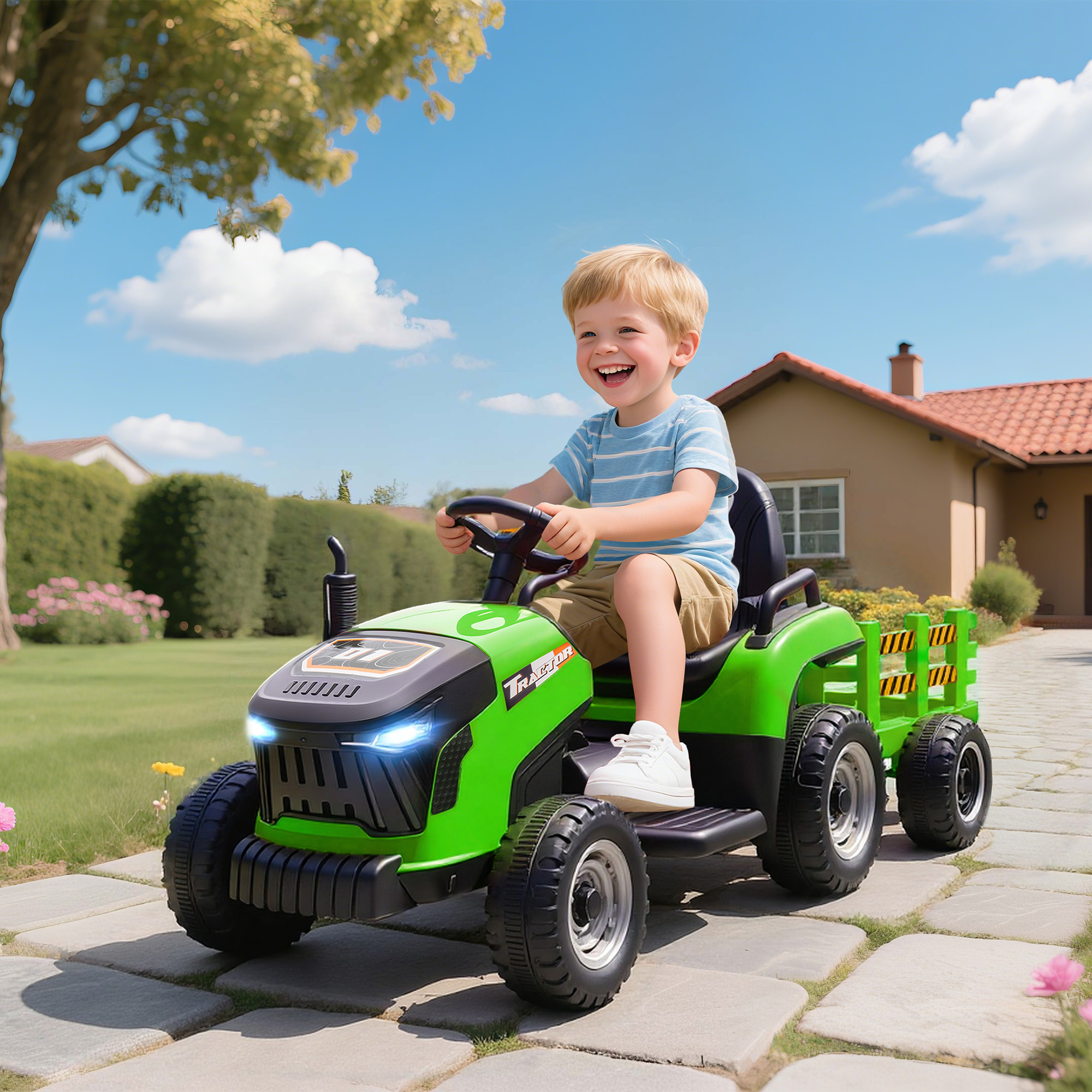 Aiyaplay Trattore Elettrico per Bambini con Rimorchio Staccabile e Telecomando, in Plastica e Metallo, 139x58x55 cm, Verde   Aosom Italy