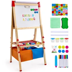 VEVOR Kunststaffelei für Kinder, 3-in-1-Kunststaffelei aus Holz, doppelseitig, mit magnetischem Whiteboard, Kreidetafel, Papierrolle, verstellbarem Zeichenbrett mit Malzubehör,  für Kinder ab 3 Jahren