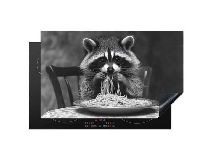 HERDABDECKPLATTE Waschbär - Niedlich - Pasta - Tischtuch - Schwarz - Weiß Ceranfeldabdeckung 85x52 cm