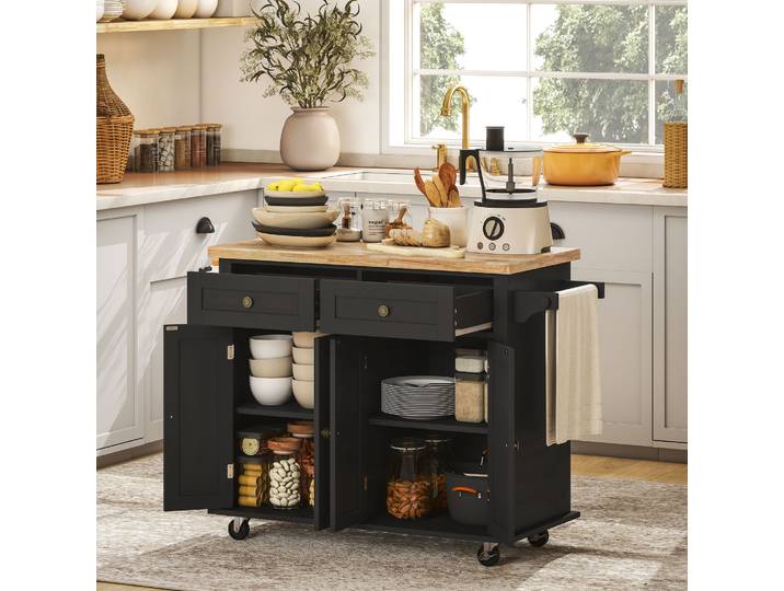 HOMCOM Desserte Cuisine Noire Multi-Rangements Hévéa