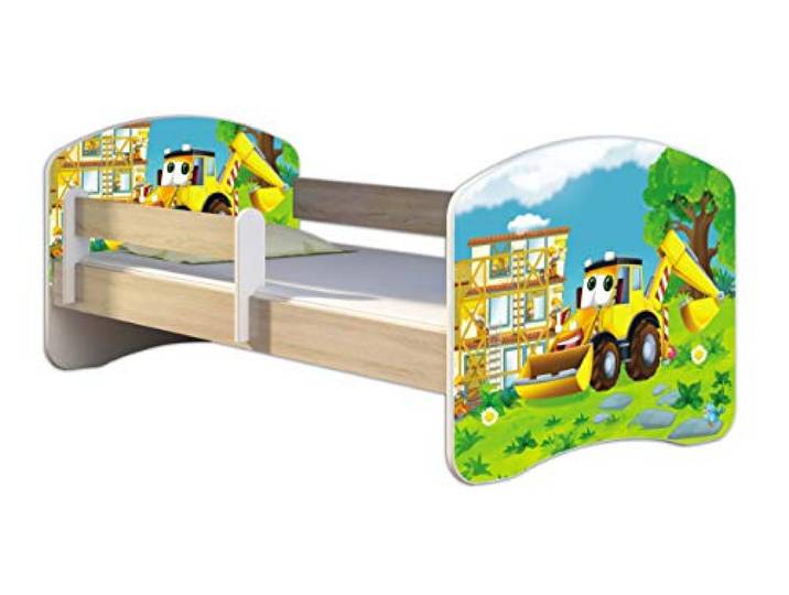 ACMA Kinderbett 160x80 Jugendbett mit Matratze, Farbe Sonoma mit Rausfallschutz Lattenrost II Spielbett Kinderzimmer Möbel, 20 Bagger