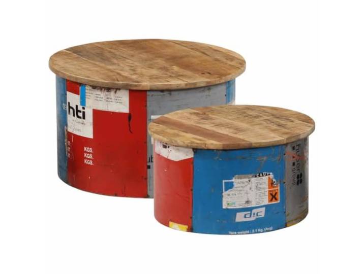 GHVBNMF Couchtisch 2er Set Rund Massivholz Mangoholz Beistelltisch Handgefertigte Satztische im Industrie-Look mit Metall-Akzenten für Wohnzimmer, Gästezimmer oder Lounge Bereich.