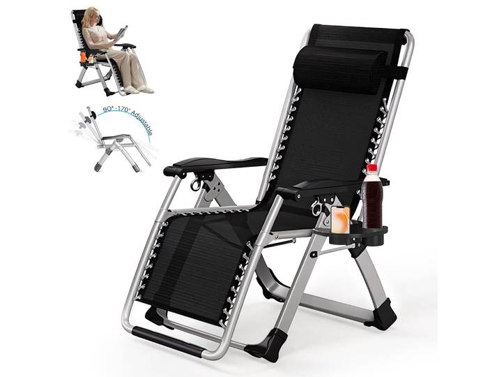 Chaises longues de jardin extérieures chaise pliante avec porte-gobelet et appui-tête oreiller chaise longue pliante Patio inclinable Support 150kg